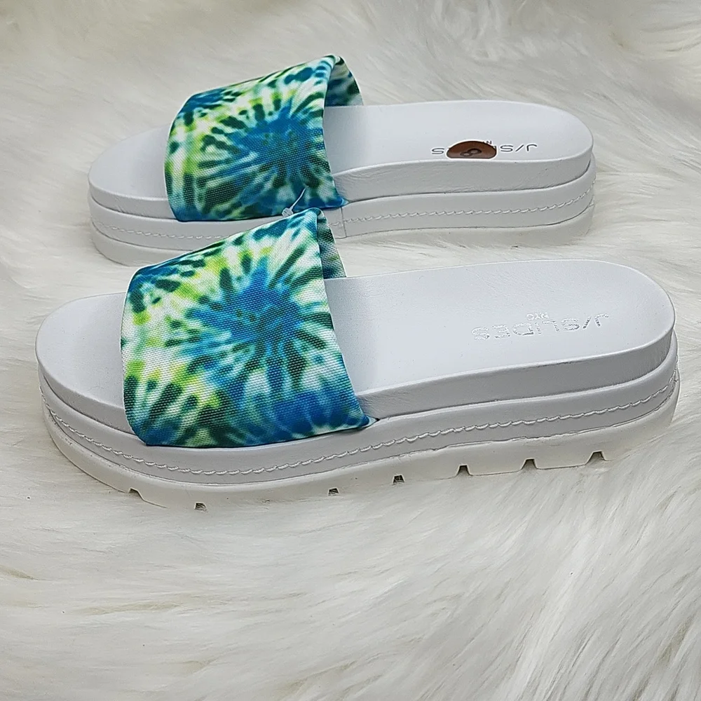 J/SLIDES NYC Brit Slide Sandal Slip On Platforms Blue Green Tie Dye